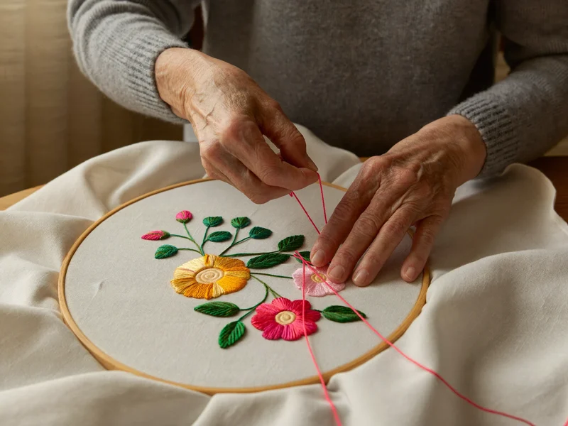 Mani esperte ricamano fiori colorati su lino teso in un telaio di legno.