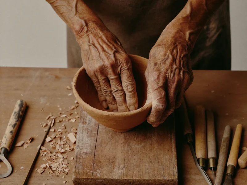 Mani anziane modellano una ciotola di terracotta su una tavola di legno.