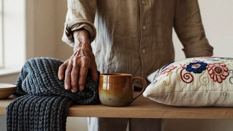 Una sciarpa a maglia, una tazza smaltata e un cuscino ricamato su una mensola.